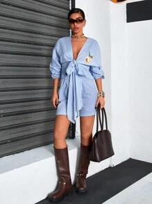SHEIN Cottnline Women Striped And Embroidery Detailed Two Pieces Outfits Tops And Short Sets Women Summer Clothing Women Summer Clothes Women Summer Sets Women's Clothes - Blue and White - View 3