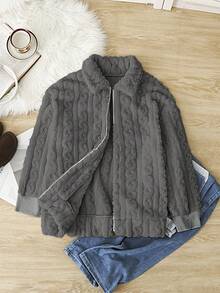 SHEIN Frenchy 大码女式休闲简约蓬松长袖夹克，冬季服装 - 淺灰色 - 查看 10