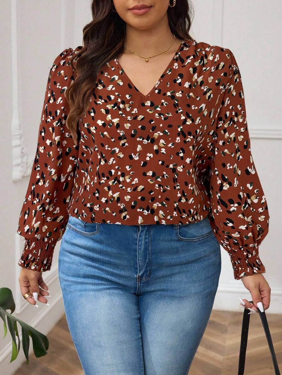 SHEIN Frenchy Blusa con maniche a lanterna e stampa leopardata su tutto il capo, taglie comode - Arancione - Visualizzare 1