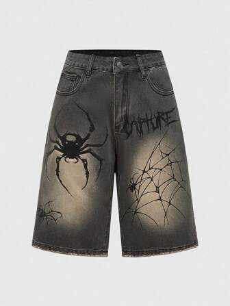 Goth Plus Size Women's Spider Letter Printed Loose Denim Shorts With Pockets, School