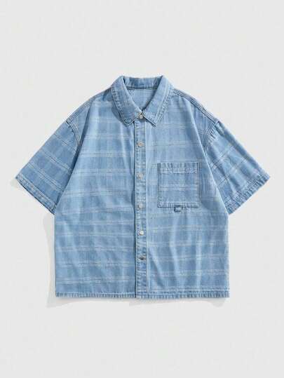 Prep Casual Fashion Loose Fit Short Sleeve Men's Plaid Denim Shirt