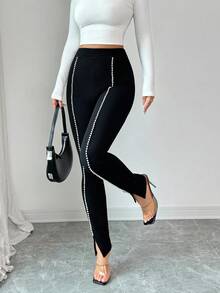 Selianne Women's Black Tights Contrasting Pearl Ribbon Knitted Texture Split Hem Leggings,Black And White,Summer,Classy,Party Leg-Lengthening Office Trousers - Black - View 7