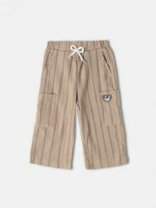 SUMWON Toddler Linen Feel Pull On Pants Striped Beach Casual Summer Vacation Resort Wide Leg Comfortable Wear With Side Patch Pockets Daily Wear - Brown - View 1
