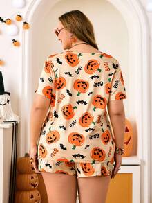Chillnights Conjunto de Pijama Curto com Estampa de Abóbora Fofa Plus Size para Mulheres, Pijama de Halloween Plus Size para Mulheres, Pijama de Halloween Plus Size, Conjunto de Pijama Plus Size, Shorts de Pijama de Halloween, Pijama de Outono Plus Size - Multicolorido - Visão 2