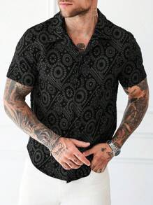 Manfinity Homme Áo sơ mi tay ngắn cài nút Jacquard dành cho kỳ nghỉ hè dành cho nam - màu đen - Xem 5