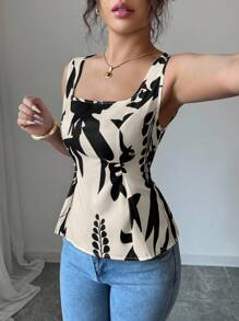 Rafferiza 女式印花无领褶皱腰无袖衬衫 - 黑色 - 查看 6