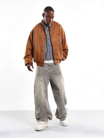 Chaqueta bomber de gamuza con botones delanteros y cuello acanalado