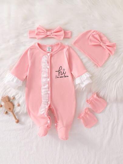 Set Pakaian Rumah Bayi Perempuan Baru Lahir Warna Pink dan Hitam, Romper Panjang Lengan Ruffle dengan Bando dan Topi, 4 Potong, Cocok untuk Musim Gugur dan Musim Dingin, Kawaii, Lucu, Lembut, dan Nyaman.