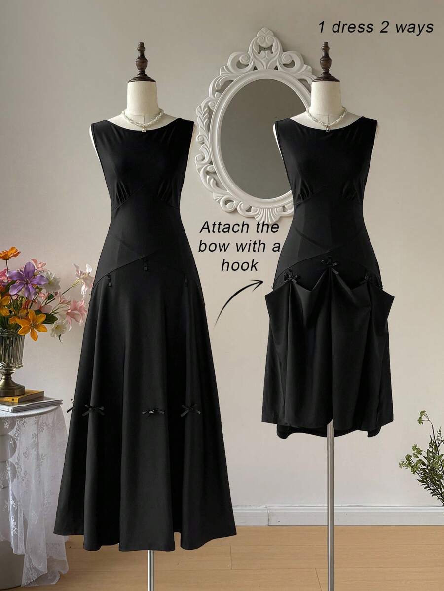 SHEIN MOD 女士长款露背黑色礼服。背心式开叉，齐腰后系蝴蝶结，晚礼服