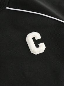 Girlism 3 件套青少年女孩黑色圆领长袖运动衫、撞色装饰字母图案背心和运动裤，休闲街头风格运动休闲装 - 黑與白 - 查看 9