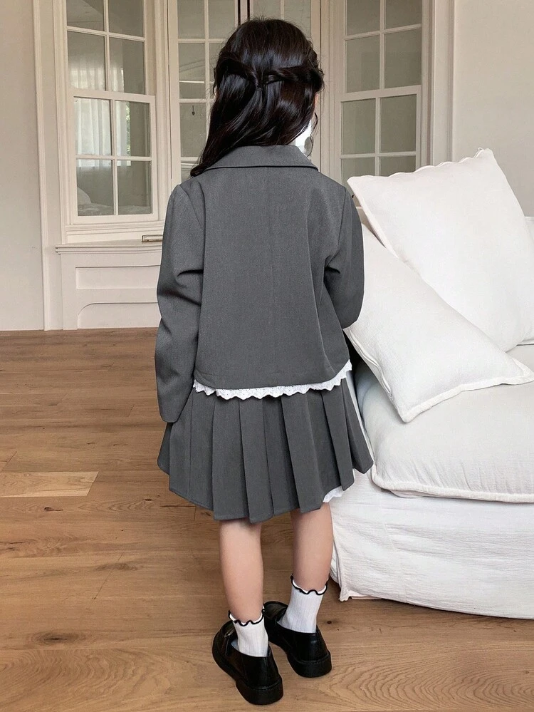 2pcs/Set Young Girls Solid Color Lace Patchwork Korean Style Jacket And Matching Skirt