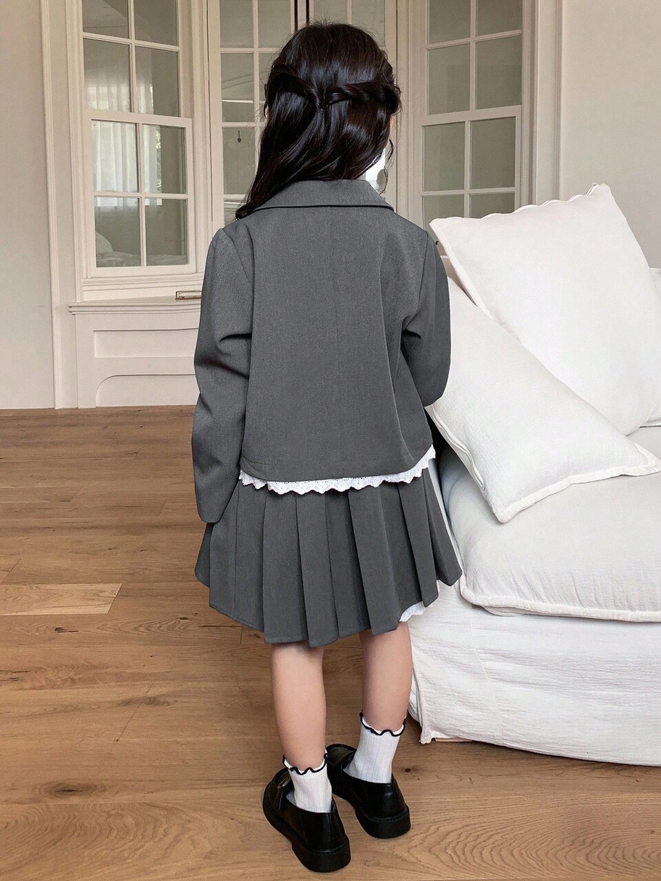2pcs/Set Young Girls Solid Color Lace Patchwork Korean Style Jacket And Matching Skirt