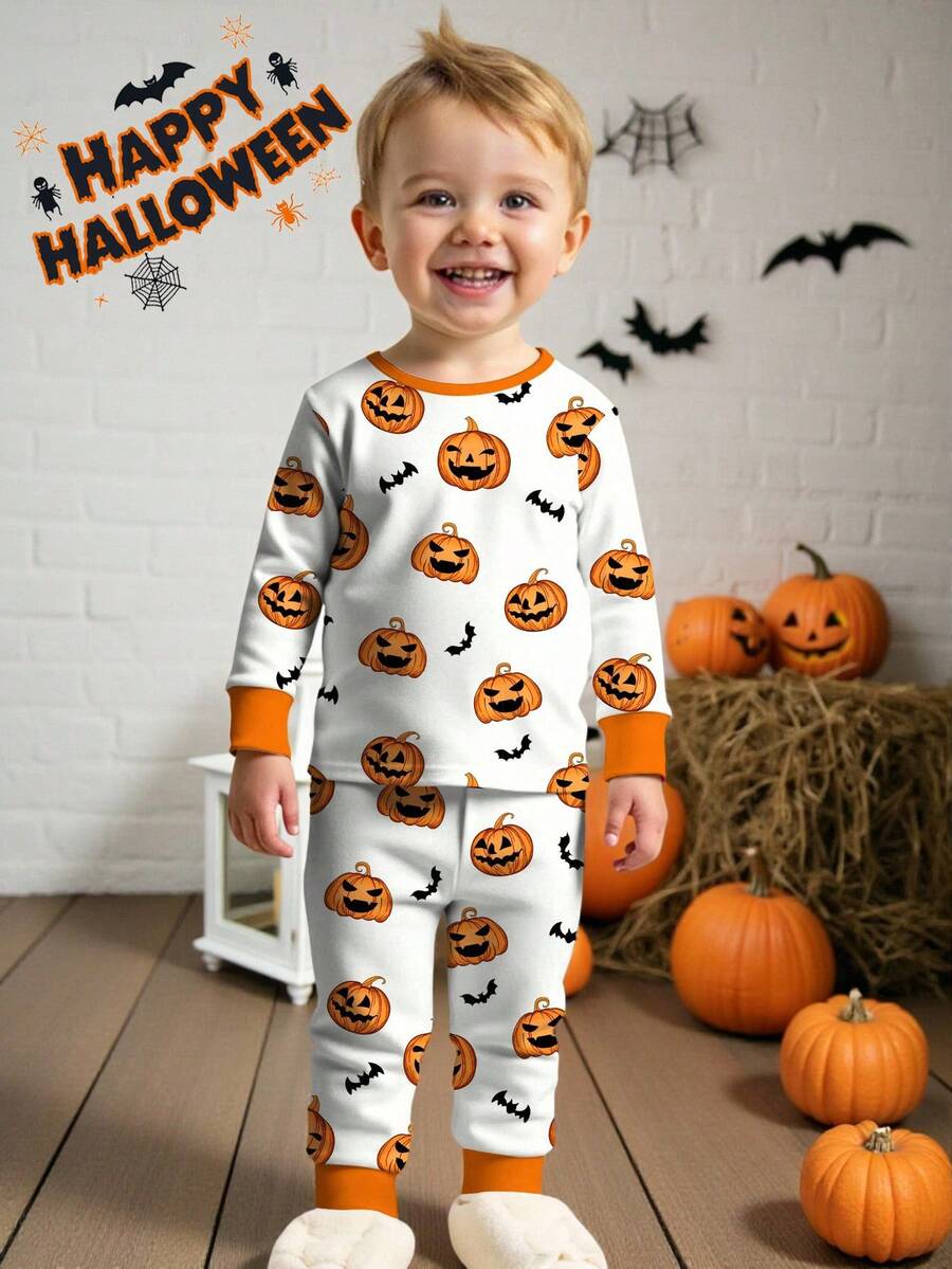 SHEIN Young Boy White Halloween Pajama Set,Cute Pumpkin Head Little Bats Pattern Snug Fit Long Sleeve Crew Neck - Multicolor - View 1