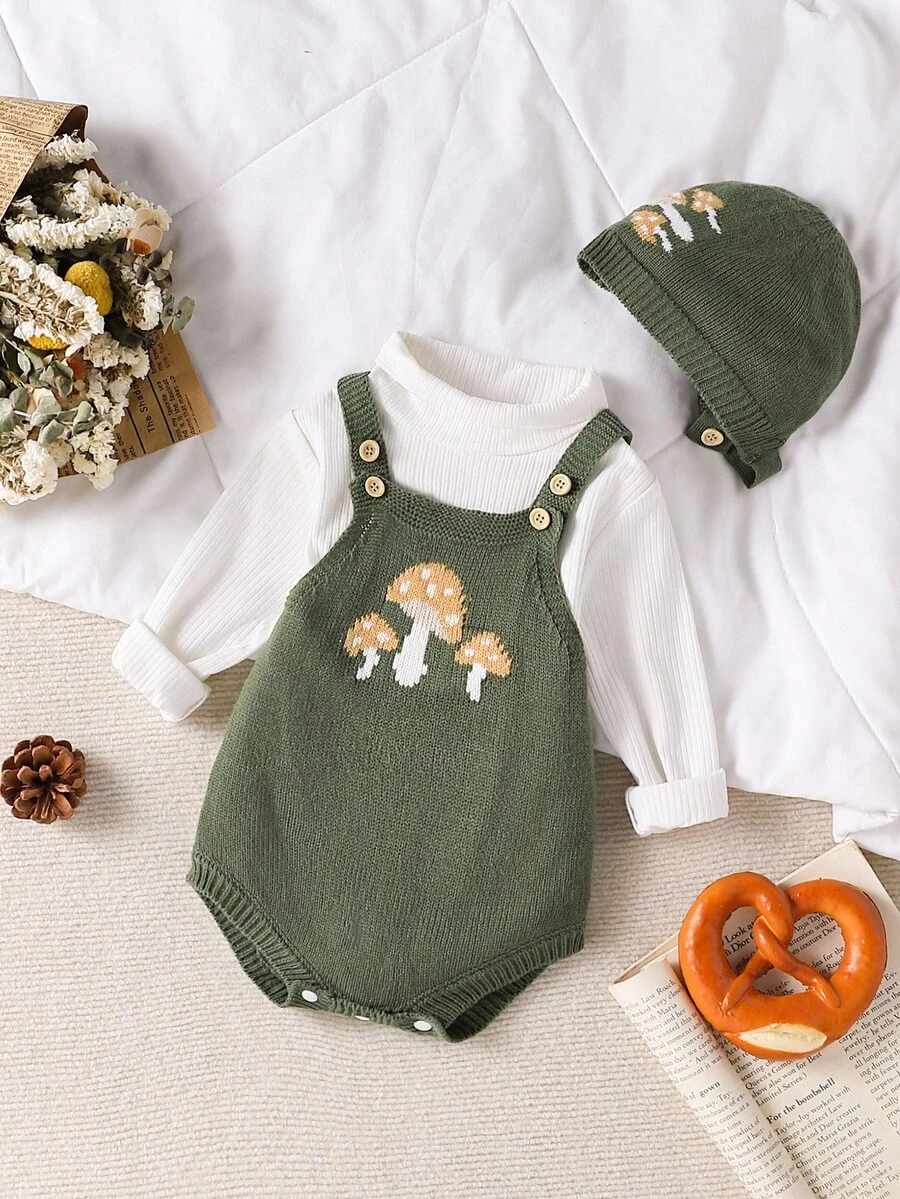 SHEIN Vintaside Kids Infant Girls' Fashionable Cute Versatile Cartoon Mushroom Knitted Romper Jumpsuit Outerwear With HatBaby Girls Sweater   Baby And Children's (Girls') Sweater, Cute Cartoon Casual Green Jacquard Mushroom Knitted Sweater, Three-Dimensional Woolen, Cute Cartoon Mushroom Shoulder Hollowed-Out Split Sleeveless Hatter With Hat. Soft And Comfortable For Spring, Autumn And Winter, Suitable For Daily Scenes, Suitable For  Scenes, Suitable For Travel Scenes, Suitable For Vacation Scenes, Suitable For Home Scenes, Suitable For Nursery Scenes, Suitable For Children To Play And Wear Fall - Green - View 1