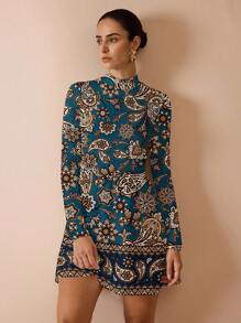 Glamance Polina Brazil 玫瑰印花优雅休闲简约女装，适合秋冬季佩斯利印花连衣裙高领连衣裙佩斯利连衣裙女装孔雀裙长袖佩斯利连衣裙 - 彩色 - 查看 5