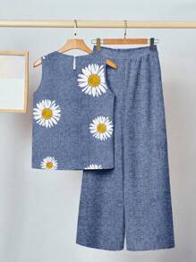 SHEIN Clasi 女士休闲花卉印花圆领无袖宽松背心和直筒裤套装，适合夏季 - 彩色 - 查看 2