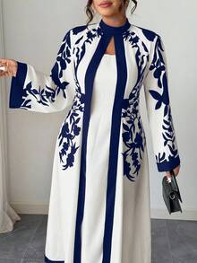 Elenzga 大码女式连体优雅度假风印花立领喇叭袖修身连衣裙 - 彩色 - 查看 5
