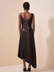 Zivah Dark Brown,Autumn,Elegant,Dining,Faux Leather Midi Dress,Draped Neck Sleeveless,Waist Cinched A-Line,Slit,Ruffle Asymmetric Hem,Fashionable PU Maxi - Brown - View 2