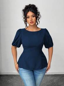 Elenzga Plus Size Women's Solid Color Bubble Short Sleeve Bowknot Back Elegant Casual Blouse, Summer - Navy Blue - View 4