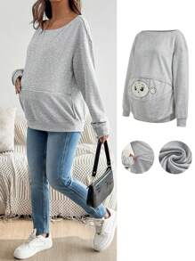 SHEIN 孕妇休闲可爱卡通图案拉链细节运动衫，适合日常穿着 - 灰色 - 查看 1