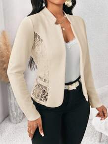 SHEIN Lady 2025新款秋季休闲优雅纯色撞色蕾丝西装外套女士秋季服装商务休闲女装办公室女装工作服女装秋季女装教堂女装机场女装优雅女装乡村女装商务职业女性外出工作服 - 杏色 - 查看 7