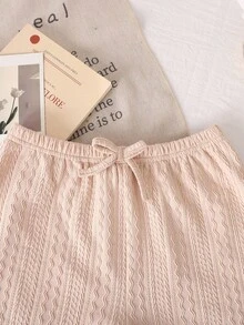 SHEIN LMoss Kids LMoss Tween Girl Tween Girl 都市优雅春夏针织纯色休闲直筒短裤 - 卡其色 - 查看 3