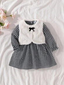 SHEIN 2pcs Baby Girls Plaid Ruffle Hem Dress + Coral Fleece Vest With Bow Decor, Cute Sweet Fashion Outfit, Suitable For Spring & Autumn Fall Winter - Multicolor - View 2