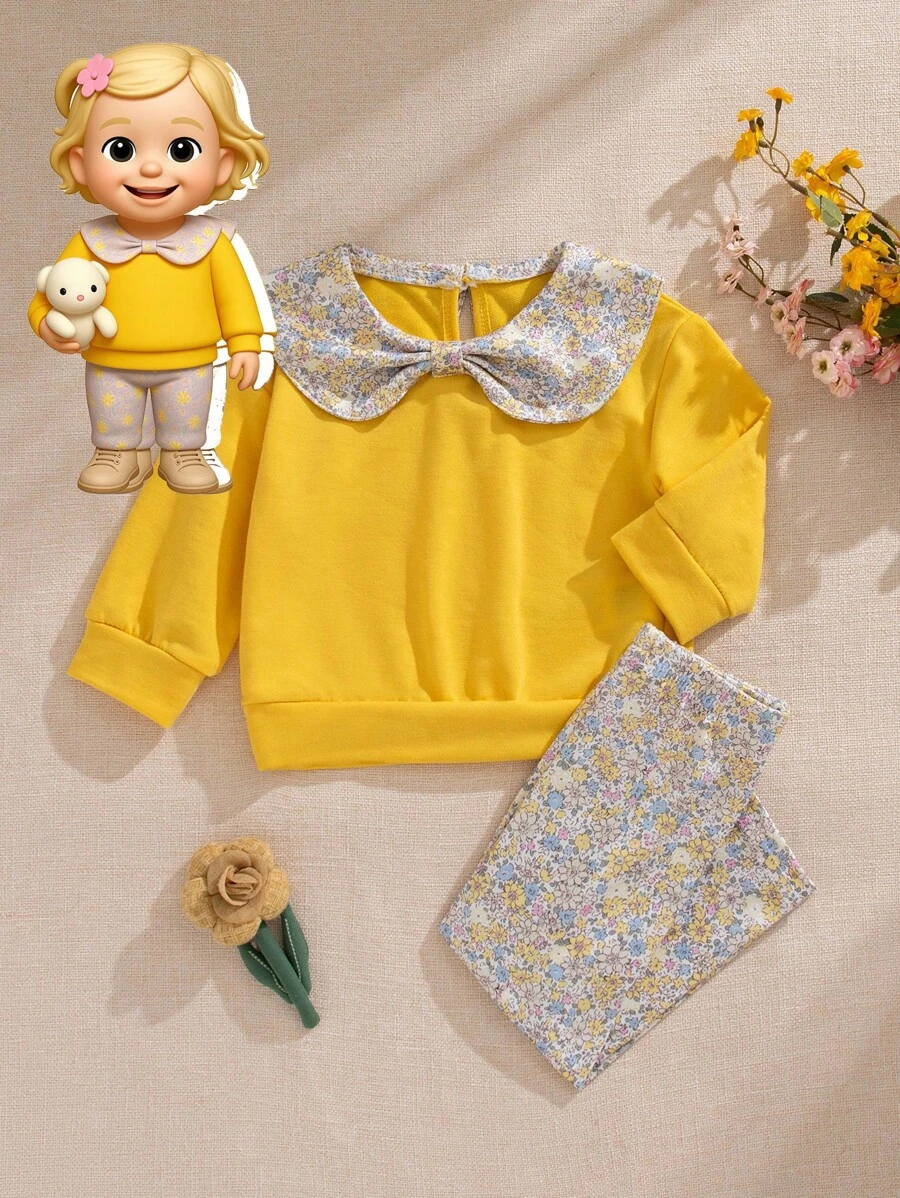 Souflis Souflis 女婴两件套服装，蝴蝶结领小碎花拼色长袖运动衫和花卉休闲打底裤，适合春秋季 - 黃色 - 查看 1