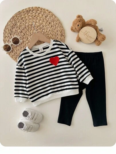 SHEIN Babygirl 休闲黑白条纹长袖卫衣套装，秋冬
