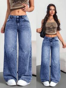 SHEIN Tall Quần jean ống rộng ống đứng cài nút thường ngày cho nữ, phù hợp mặc hàng ngày - Rửa tối - Xem 1