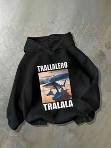 青少年男孩字母与鲨鱼印花羊毛连帽衫