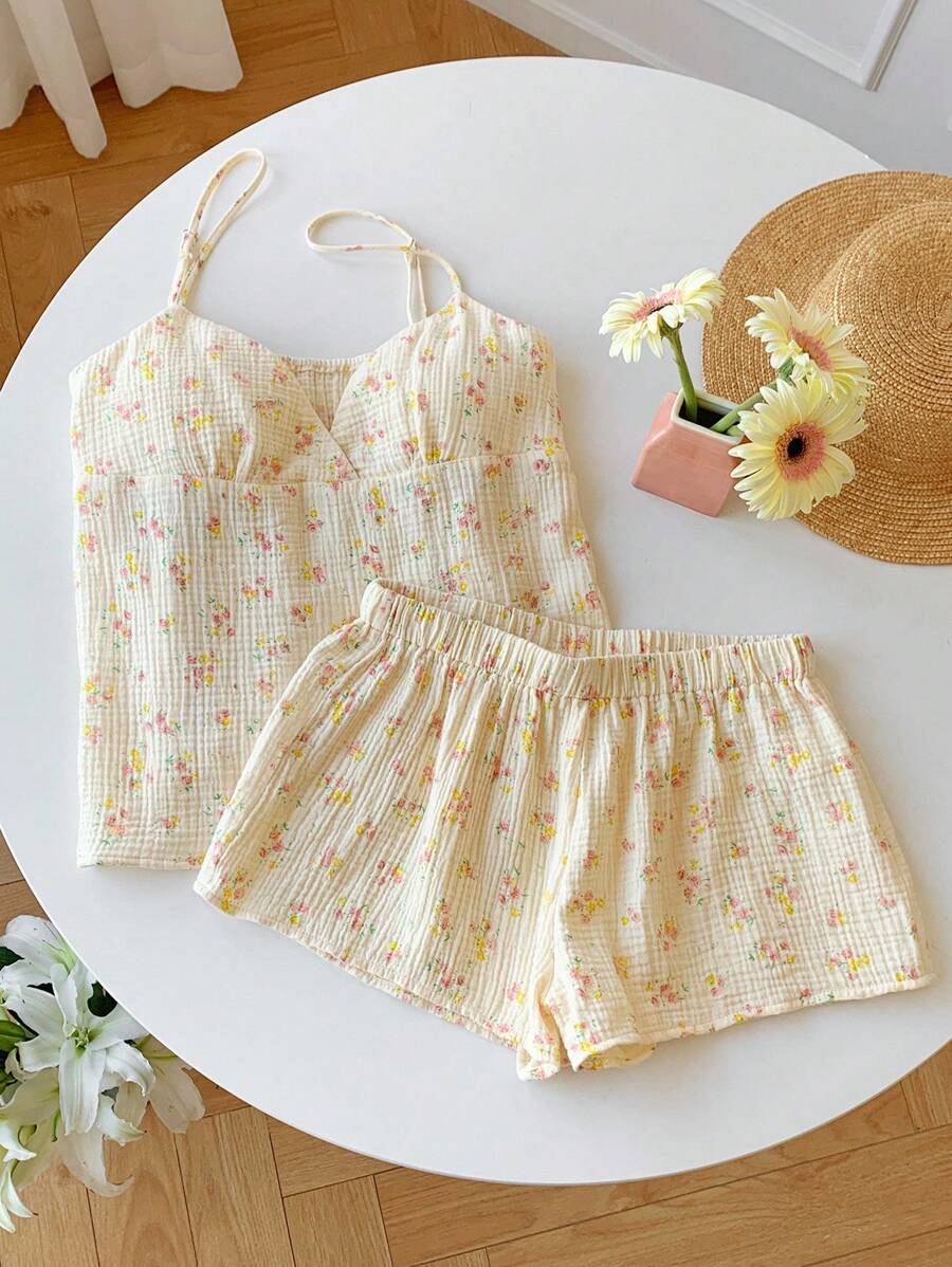 Comfortcana 2pcs/Set Floral Print V-Neck Camisole And Shorts Set, Summer Floral Two Piece Set Cotton Summer Set Cotton Summer Pajamas - Apricot - View 1