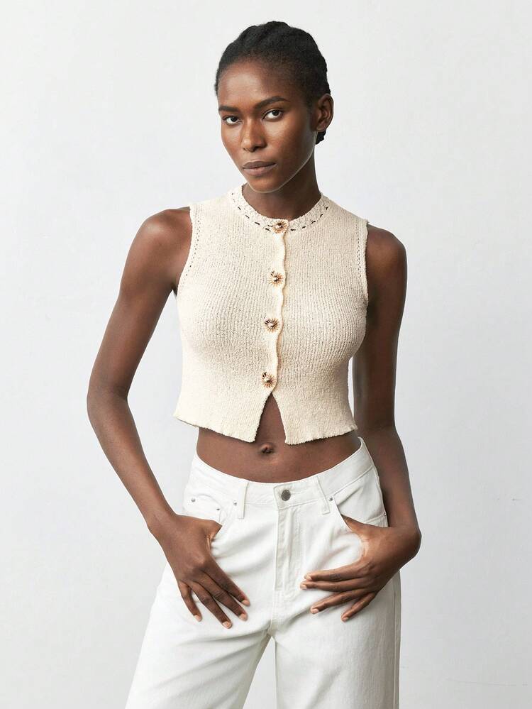 SHEIN Maija Women's Solid Color Front Button Fitted Elegant Sleeveless Sweater In Fall/Winter Party Top Casual Blouses For Women Casual For Women Casual Sweater For Ladies