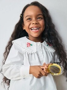 Maija Kids Maija Kids 年轻女孩花卉刺绣彼得潘领长袖衬衫上衣，休闲日常和校服 - 杏色 - 查看 6