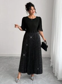 Elenzga Elegantes plissiertes Chiffonkleid in Unifarbe in Große Größen, geeignet für Partys, Frühling/Sommer - Schwarz - Übersicht 4