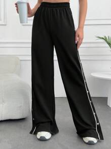 SHEIN Tall Tall Women's Black Tall Wide Leg Pants With Side Stripes, Button And Slit Detail - Black - View 3