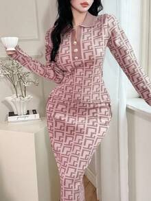 Feyla 女式几何图案领扣设计毛衣和长款针织中裙两件套，适合秋冬两件套 - 粉色 - 查看 4