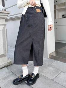 SHEIN EZwear 女士秋季黑色日常休闲街头开衩牛仔半身裙，秋季，外出，复古风 - 黑色 - 查看 4