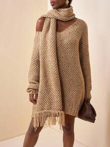 Zivah 2025 秋冬新款休闲百搭宽松卡其色 V 领长袖配围巾女毛衣裙，适合度假、外出装、约会夜装女士、旅行装机场、不对称荷叶边、日常、约会、毕业季、返校、通勤、休闲 -A - 卡其色 - 查看 5