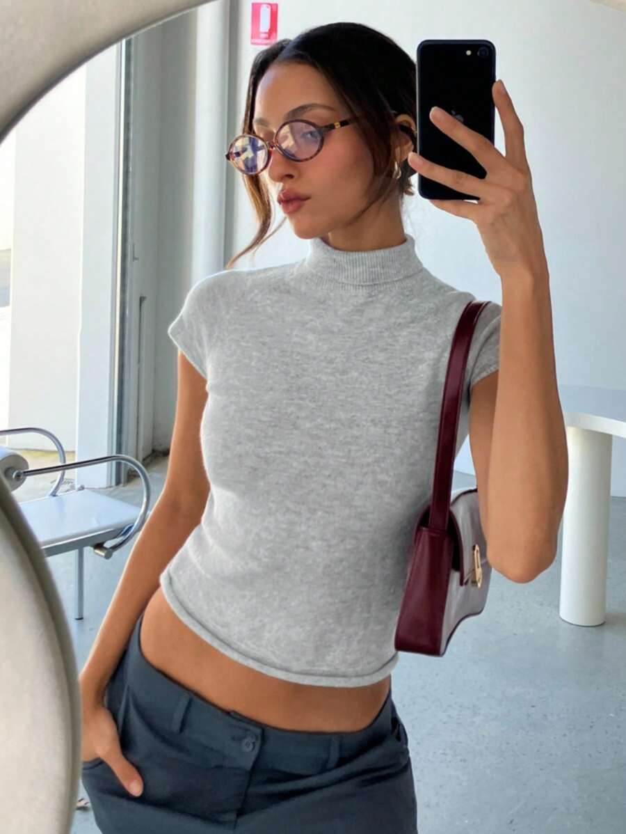 Aloruh Women Turtleneck Long Sleeve Tight Fitted Fleeced Sweater Top, Autumn/Winter - Light Grey - View 1