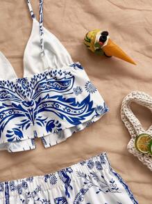 Soleia Bộ 2 áo hai dây buộc phía trước và quần short họa tiết hoa dành cho nữ, đi nghỉ - Xanh và trắng - Xem 5