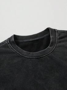 Manfinity EMRG 男士休闲宽松圆领短袖 T 恤，水洗雪花图案 - 黑色 - 查看 4