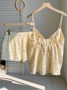 Comfortcana 2pcs/Set Floral Print V-Neck Camisole And Shorts Set, Summer Floral Two Piece Set Cotton Summer Set Cotton Summer Pajamas - Apricot - View 2