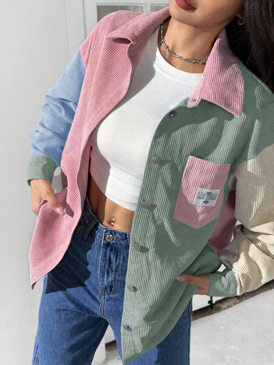 SHEIN EZwear 休闲多色落肩夹克,带口袋和衣领,适合日常穿着,灯芯绒夹克,女士夹克,秋冬拼色夹克 - 彩色 - 查看 1