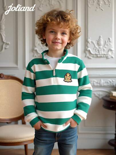 Joliand 1 Pc Young Boy Casual Elegant Campus Style Green & White Striped Polo Collar Half-Zip Long Sleeve Hoodie, Suitable For Outdoor, Gathering, Back To School, Autumn And Winter Backtoschool ColorfulJoy
