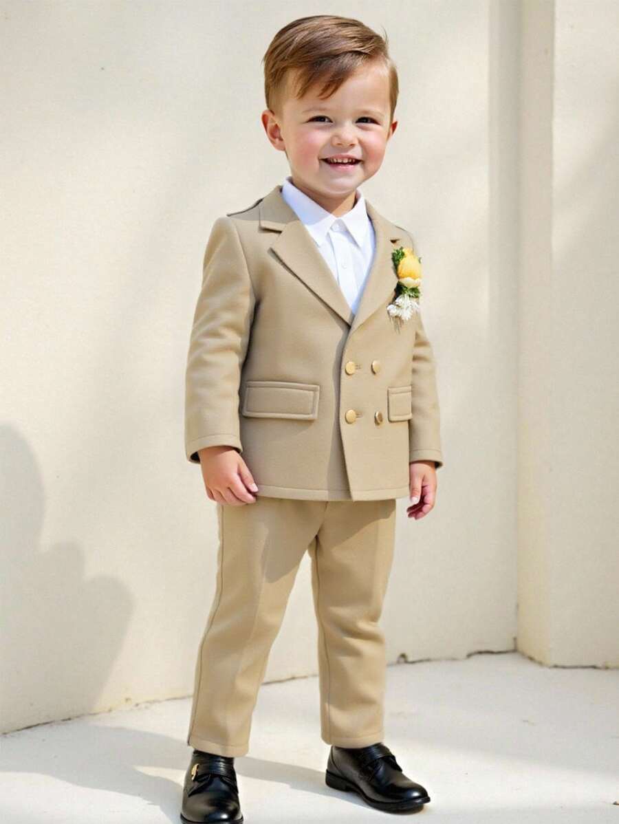 2 pezzi/Set Outfit da Gentiluomo per Bambino, Giacca Kaki con Decorazione a Fiore sul Petto e Pantaloni, Comodo, Versatile, Stile Britannico Classico Retrò, Adatto per Interno, Esterno, Quotidiano, Sport, Gioco, Festa, Servizio Fotografico, Vacanza, Festival, Matrimonio, festa di nascità, Elegante, Invitato a Matrimonio, Paggetto, Anello Ragazzo Outfit da Matrimonio Formale per Bambino Maschio Beige, in Autunno/Inverno - Cachi - Visualizzare 1