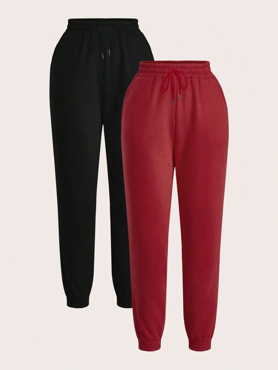 SHEIN EZwear 女士纯色前系带口袋简约休闲长裤，适合日常穿着 - 酒紅色 - 查看 1