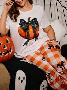 Miss Vinta Plus Size Bow Pumpkin Halloween Plaid Print Short Sleeve Pajama Set - Multicolor - View 6