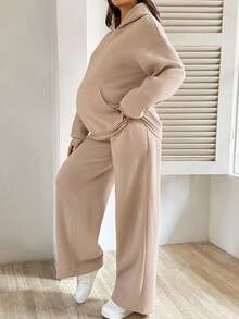 SHEIN 两件套孕妇保暖连帽衫和裤子套装，秋冬 - 卡其色 - 查看 4