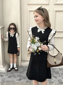 SHEIN Tween Girls Apricot And Black Jacquard Bowknot Long Sleeve Sweater Dress, Homecoming For Autumn Winter Sister Matching Outfits Matching Clothes For Girls Girls Black Dress Girls French Style Dress Girls Black Dress With Ruffle Sleeves Girls Spring Autumn French Style Dress Black Dress For Tweens Fall